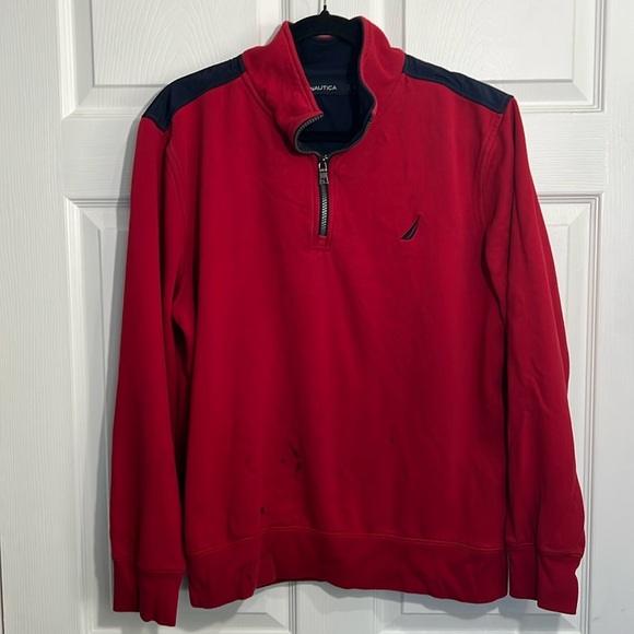 Nautica Men’s 1/4 Zip Fleece Pullover/Jacket - Red/Blue - Size Large - Picture 1 of 7